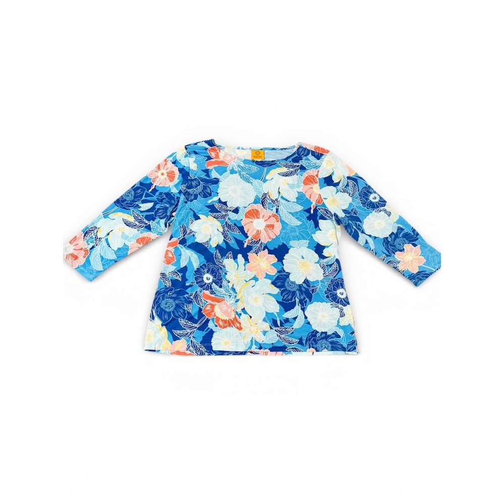 Ruby Rd Womens XL Floral Print Long Sleeve Boat Neck Top Breathable Blue Coral‎